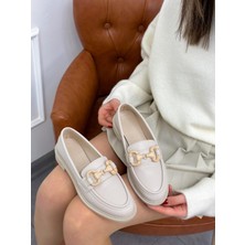 Erva'nın Butiği Bej Cilt (Fiona) Toka Detay Ortopedik Taban Kadın Loafer