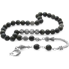 Gümüş Hediye Al Kararmaz Metal Püsküllü Küre Kesim Kişiye Özel Isim Yazılı Gri Kaplangözü Doğaltaş Tesbih