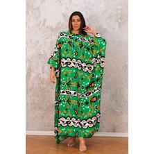 Markano Yeşil Dik Yaka Etnik Desenli Yarasa Kol Oversize Uzun Elbise