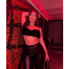 Pinkys Siyah Askılı Crop Tüylü Büstiyer Yumuşak Doku ile Zarif Tasarım Kadın XS