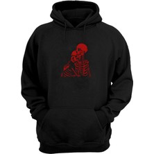 The Wert  Dear Red Skeletons Baskılı Siyah Normal Kalıp Şardonlu Kalın Sweatshirt