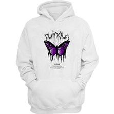 The Wert  Revenge, Mor Kelebek Baskılı Beyaz Normal Kalıp Şardonlu Kalın Sweatshirt