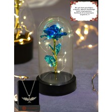 Lapidaria Fanus Içerisinde Dekoratif Peri LED Işıklı Mavi Solmayan Sonsuzluk Gülü Lamba ve Anka Kolye