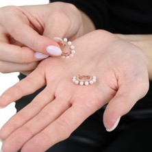 Gümüş Hediye Al Sıralı Inci Taşlı Rose Renk Yarım Tur 925 Ayar Gümüş Kadın Küpe