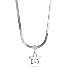 Gümüş Hediye Al Gümüş Renk Metal Snake Zincirli Kır Çiçeği Detaylı Inci Doğaltaş Kombinli Kadın Kolye