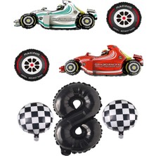 Best Parti Beyaz-Kırmızı Yarış Arabası Lastik Damalı ve Siyah Rakam Folyo Balon Seti Yaş 8