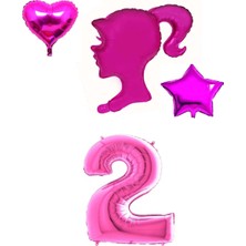 Best Parti Pembe Kız Karakter Kalp Yıldız Rakam Folyo Balon Seti Yaş 2
