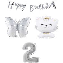 Best Parti Happy Bırthday Banner Sevimli Kedi Kelebek ve Rakam Folyo Balon Seti Yaş 2