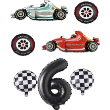 Rönesans Parti Beyaz-Kırmızı Yarış Arabası Lastik Damalı ve Siyah Rakam Folyo Balon Seti Yaş 6