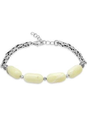 Okyanus Silver Kararmaz Metal Kral Zincirli Dorika Top Süslemeli Kapsül Kesim Sarı-Beyaz Renk Doğal Damla Kehribar Erkek Bileklik