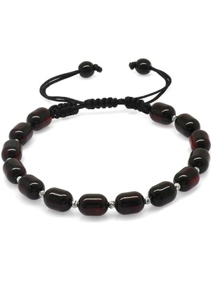 Okyanus Silver Makrome Örgülü Dorika Top Süslemeli Kapsül Kesim Koyu Kırmızı Renk Damla Kehribar Erkek Bileklik