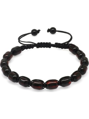 Okyanus Silver Makrome Örgülü Kapsül Kesim Koyu Kırmızı Renk Damla Kehribar Erkek Bileklik