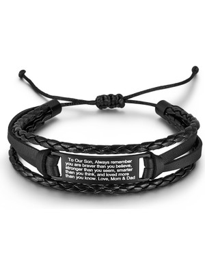 Okyanus Silver Çok Katmanlı Gerçek Deri Tasarım Çelik Plaka Üzeri Erkek Çocuğa Nasihat Yazılı Erkek Bileklik