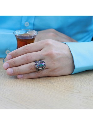 Okyanus Silver Faset Mistik Topaz Taşlı Oval Tasarım Kişiye Özel Isim/harf Yazılı 925 Ayar Gümüş Erkek Yüzük