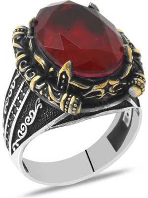Okyanus Silver Faset Kırmızı Zirkon Taşlı Otantik Tasarım 925 Ayar Gümüş Erkek Yüzük