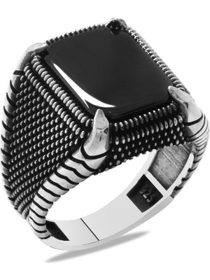 Okyanus Silver Nokta Işlemeli Kartal Pençesi Detaylı Siyah Oniks Taşlı 925 Ayar Gümüş Erkek Yüzük