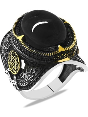 Okyanus Silver Oniks Taşlı Kenarları Mühr-I Süleyman Işlemeli 925 Ayar Gümüş Erkek Yüzük