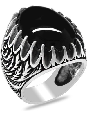 Okyanus Silver Buğday Detaylı Siyah Oniks Taşlı 925 Ayar Gümüş Erkek Yüzük