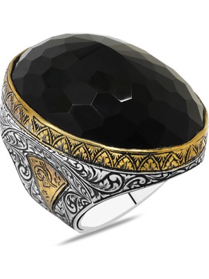 Okyanus Silver Faset Siyah Zirkon Taşlı Tuğra Detaylı Koleksiyonluk 925 Ayar Gümüş Erkek Yüzük