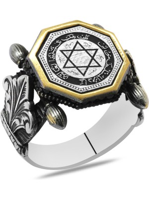 Okyanus Silver Otantik Tasarım Siyah Zirkon Taşlımühr-I Süleyman Işlemeli 925 Ayar Gümüş Erkek Yüzük