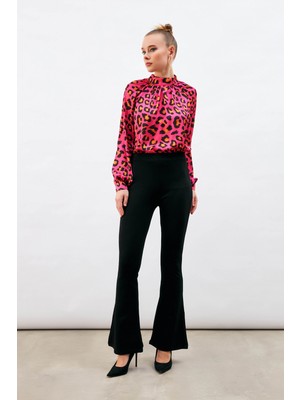 Sateen Ispanyol Paça Tayt Pantolon - Siyah