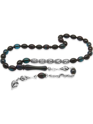 Tesbihname Kararmaz Metal Püsküllü Kişiye Özel Isim Yazılı Turkuaz-Siyah Ateş Kehribar Tesbih