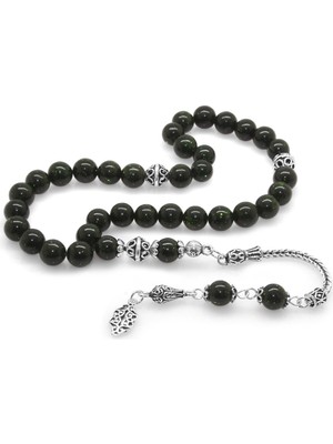 Tesbihname 925 Ayar Gümüş Püsküllü Küre Kesim Yeşil Yıldız Taşı Doğaltaş Tesbih