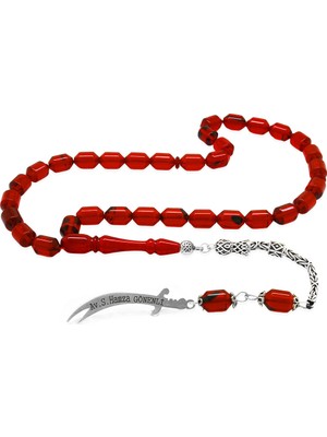 Gümüş Hediye Al 925 Ayar Gümüş Kral Püsküllü Uçlu Kapsül Kesim Bayrak Kırmızısı Ateş Kehribar Tesbih