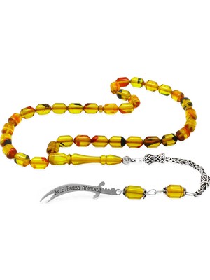 Tesbihname 925 Ayar Gümüş Kral Püsküllü Uçlu Kapsül Kesim Şeffaf Bala-Siyah Ateş Kehribar Tesbih