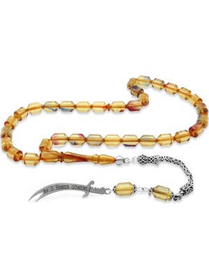 Gümüş Hediye Al 925 Ayar Gümüş Kral Püsküllü Uçlu Kapsül Kesim Şeffaf Bonibon Ateş Kehribar Tesbih