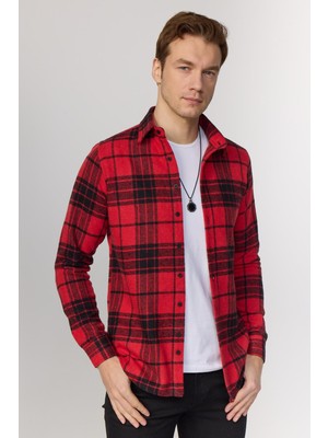 Tudors Slim Fit Dar Kesim Kareli Oduncu Kırmızı-Siyah Erkek Gömlek