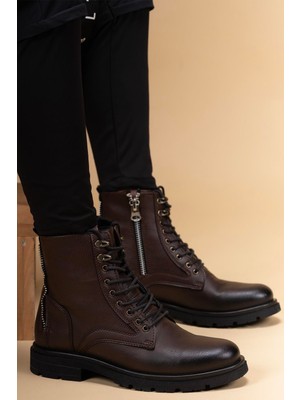 Riccon Fermuarlı Bot 0012695 Kahverengi Kısa Topuklu Vegan Deri Kadın Ayakkabı Konforlu Tasarım