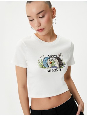 Koton Baskılı Crop Tişört Kısa Kollu Bisiklet Yaka Pamuklu Slim Fit Ribanalı