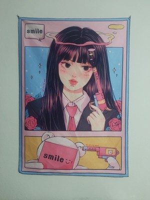Owl Bag Cuty Anime Girl Smile Desenli Tasarım Duvar Halısı