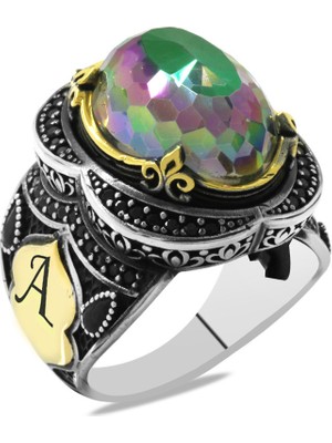 Gümüş Hediye Al Faset Mistik Topaz Taşlı Oval Tasarım Kişiye Özel Isim/harf Yazılı 925 Ayar Gümüş Erkek Yüzük