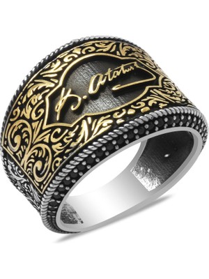 Gümüş Hediye Al Mikro Siyah Zirkon Taş Mıhlamalı Atatürk Imzalı  925 Ayar Gümüş Erkek