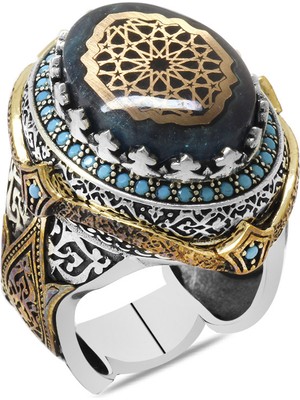Gümüş Hediye Al Mavi Sıkma Kehribar Taş Üzeri Selçuklu Deseni Motifli 925 Ayar Gümüş Erkek Yüzük