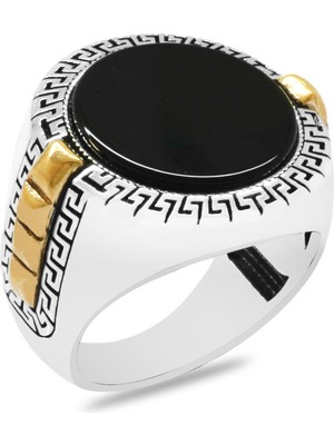 Gümüş Hediye Al Oval Tasarım Siyah Oniks Taşlı Greek Desenli 925 Ayar Gümüş Erkek Yüzük