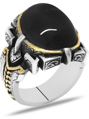 Gümüş Hediye Al Siyah Oniks Taşlı Kalem Içilik Tasarım 925 Ayar Gümüş Erkek Yüzük