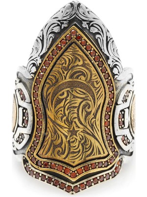 Gümüş Hediye Al Kırmızı Zirkon Taş Mıhlamalı Kareografi Desenli 925 Ayar Gümüş Erkek Okçu (Zihgir) Yüzük