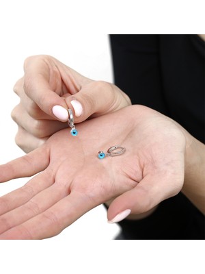 Gümüş Hediye Al Mavi Mineli Nazar Boncuğu Detaylı Silver Renk 925 Ayar Gümüş Kadın Küpe