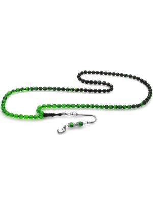 Ergenekon Aksesuar 925 Ayar Gümüş Püsküllü Küre Kesim Süzme Yeşil-Siyah Ateş Kehribar 99LUK Tesbih