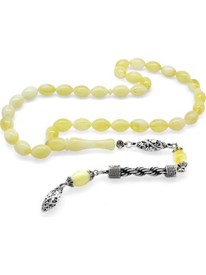 Tesbihane Kararmaz Metal Halat Püsküllü Arpa Kesim Sarı-Beyaz Hareli Beyrut Kehribar Tesbih