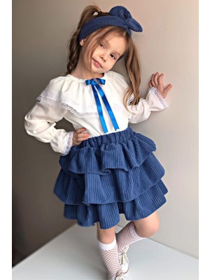 Riccotarz Kız Çocuk Üstü Volanlı Dantel Işlemeli Fırfırlı Mavi Etekli Takım