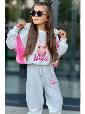 Riccotarz Kız Çocuk Barbie Baskılı Kapüşonlu Beli Lastikli Ekru Kadife Eşofman Takım