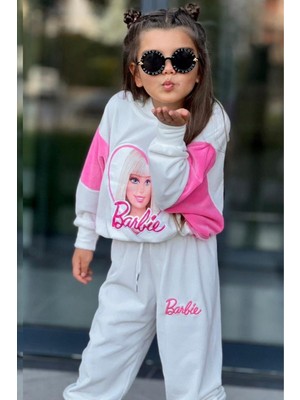 Riccotarz Kız Çocuk Barbie Baskılı Kapüşonlu Beli Lastikli Ekru Kadife Eşofman Takım