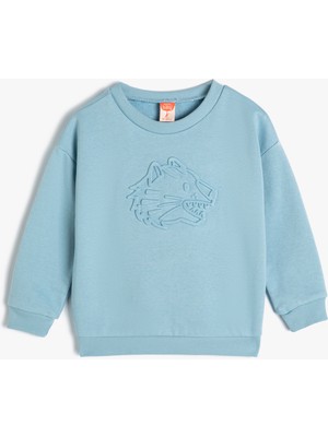 Koton Sweatshirt Bisiklet Yaka Uzun Kollu Kaplan Kabartma Baskılı