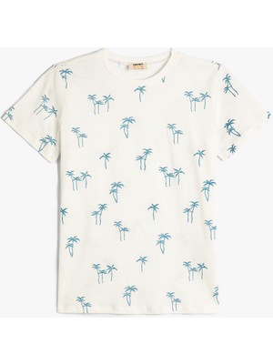 Koton Tişört Bisiklet Yaka Kısa Kollu Palmiye Baskılı Pamuklu