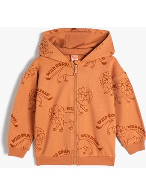 Koton Kapşonlu Sweatshirt Fermuarlı Baskılı Uzun Kollu Pamuklu