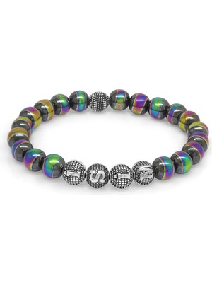 Okyanus Silver Multicolor Hematit Metal Kombinli Kişiye Özel Isim Yazılı Küre Kesim Doğaltaş Bileklik